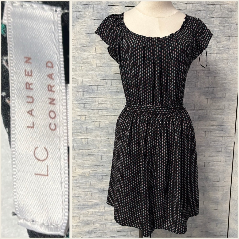 LC‎ Lauren Conrad Black Geometric Print Short Sleeve Tie Waist Dress S